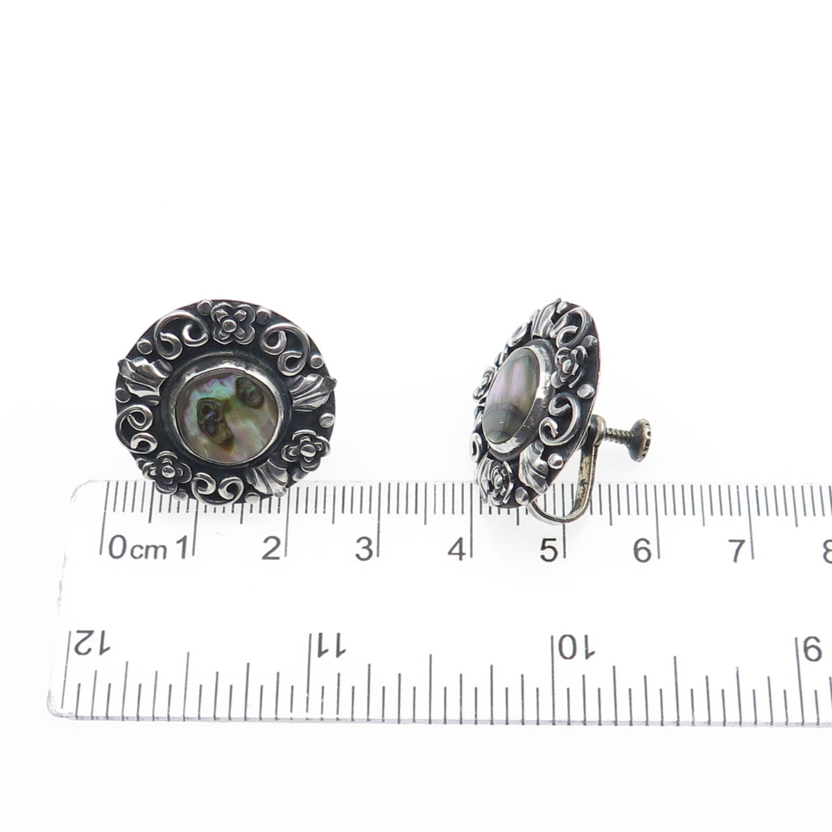 925 Sterling Vintage Mexico Real Abalone Shell Oxidized Screw Back Earrings