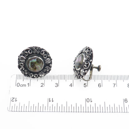 925 Sterling Vintage Mexico Real Abalone Shell Oxidized Screw Back Earrings