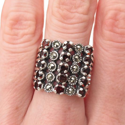 925 Sterling Silver Vintage Real Red Garnet & Marcasite Multi-Row Ring Size 9