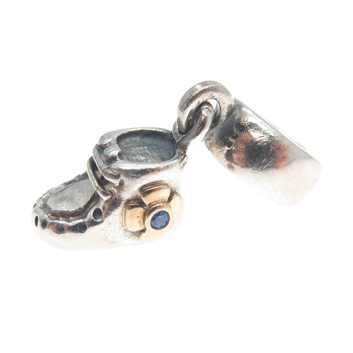 PANDORA Gold 925 Sterling Silver Blue C Z Baby Shoe Dangle Charm