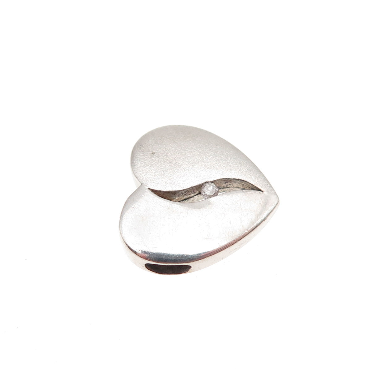 925 Sterling Silver Real Round-Cut Diamond Heart Mini Slide Charm Pendant