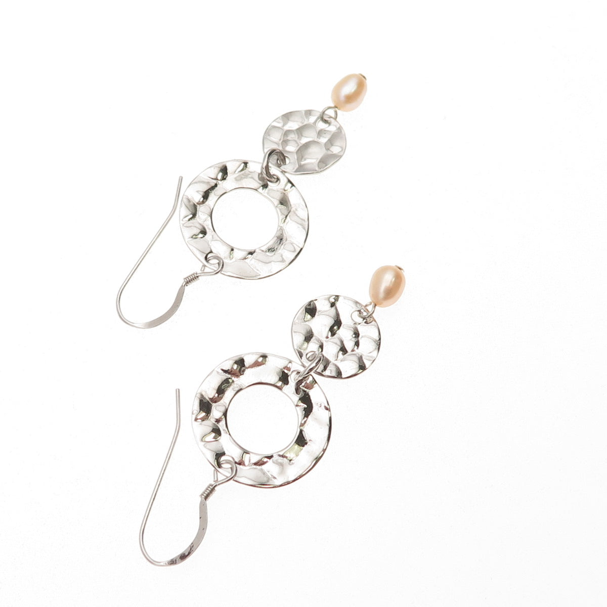 925 Sterling Silver Vintage Real Pearl Modernist Hammered Dangle Earrings