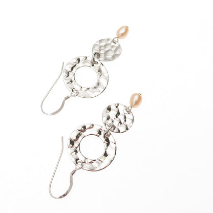 925 Sterling Silver Vintage Real Pearl Modernist Hammered Dangle Earrings