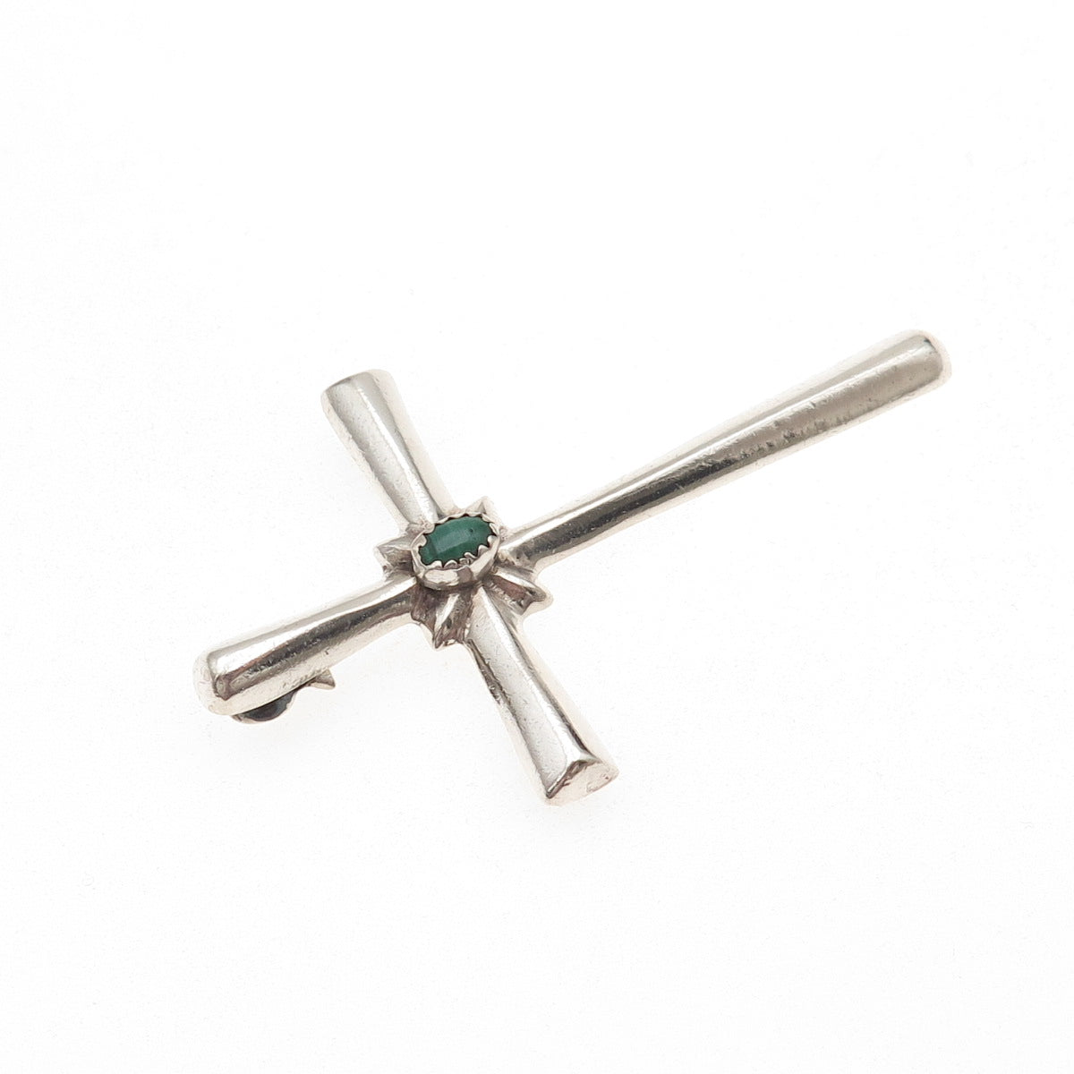 Old Pawn 925 Sterling Silver Vintage Malachite Cross Tribal Pin Brooch / Pendant