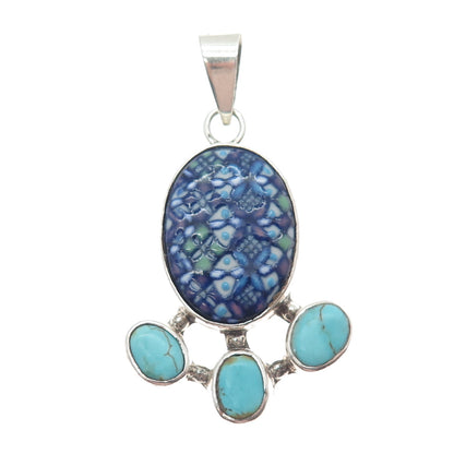 950 Silver Vintage Real Turquoise & Hand-Painted Ceramic Modernist Pendant