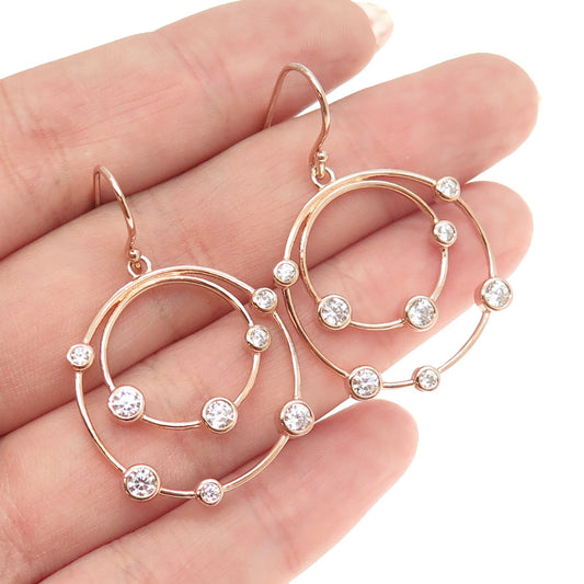 925 Sterling Silver Rose Gold Plated Round-Cut C Z Circle Dangling Earrings