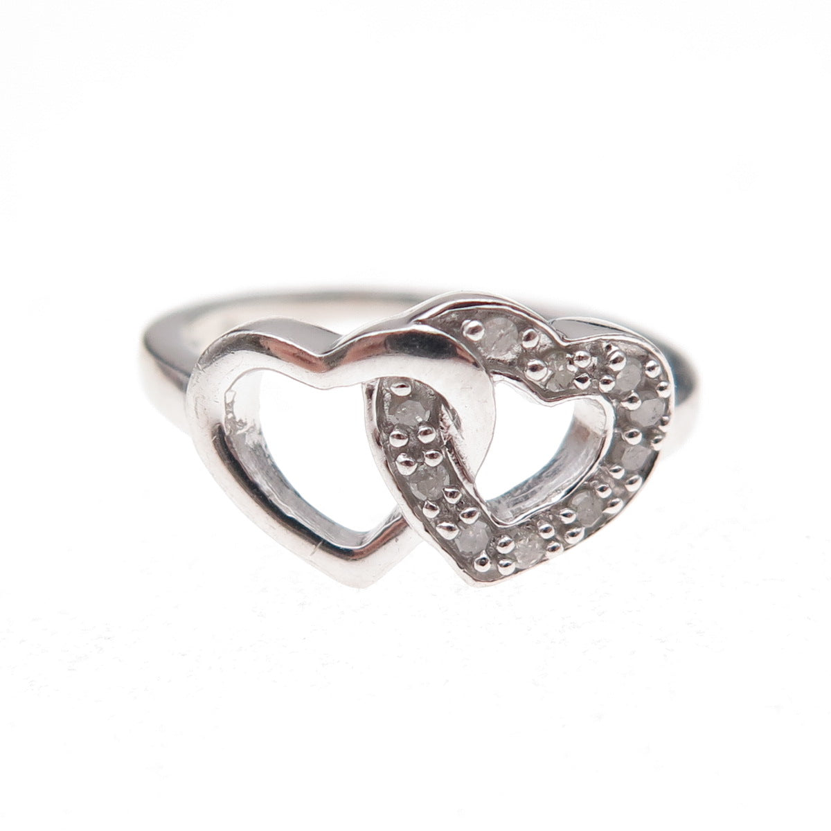 Charles Winston Sterling Silver Real Round-Cut Diamond Couple Heart Ring Size 6