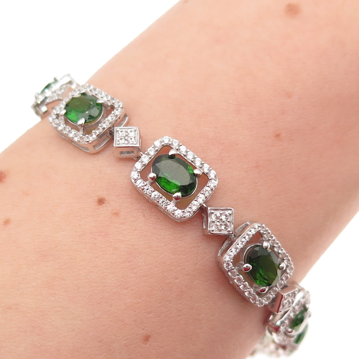925 Sterling Silver Real Chrome Diopside & White Topaz Bracelet 7.5"