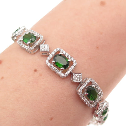 925 Sterling Silver Real Chrome Diopside & White Topaz Bracelet 7.5"
