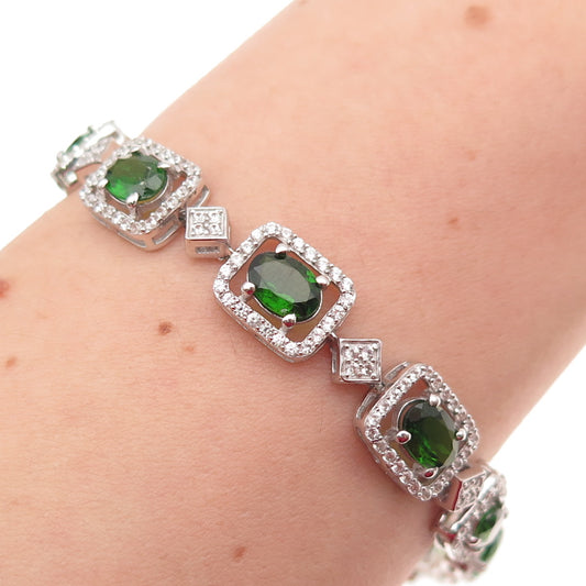 925 Sterling Silver Real Chrome Diopside & White Topaz Bracelet 7.5"