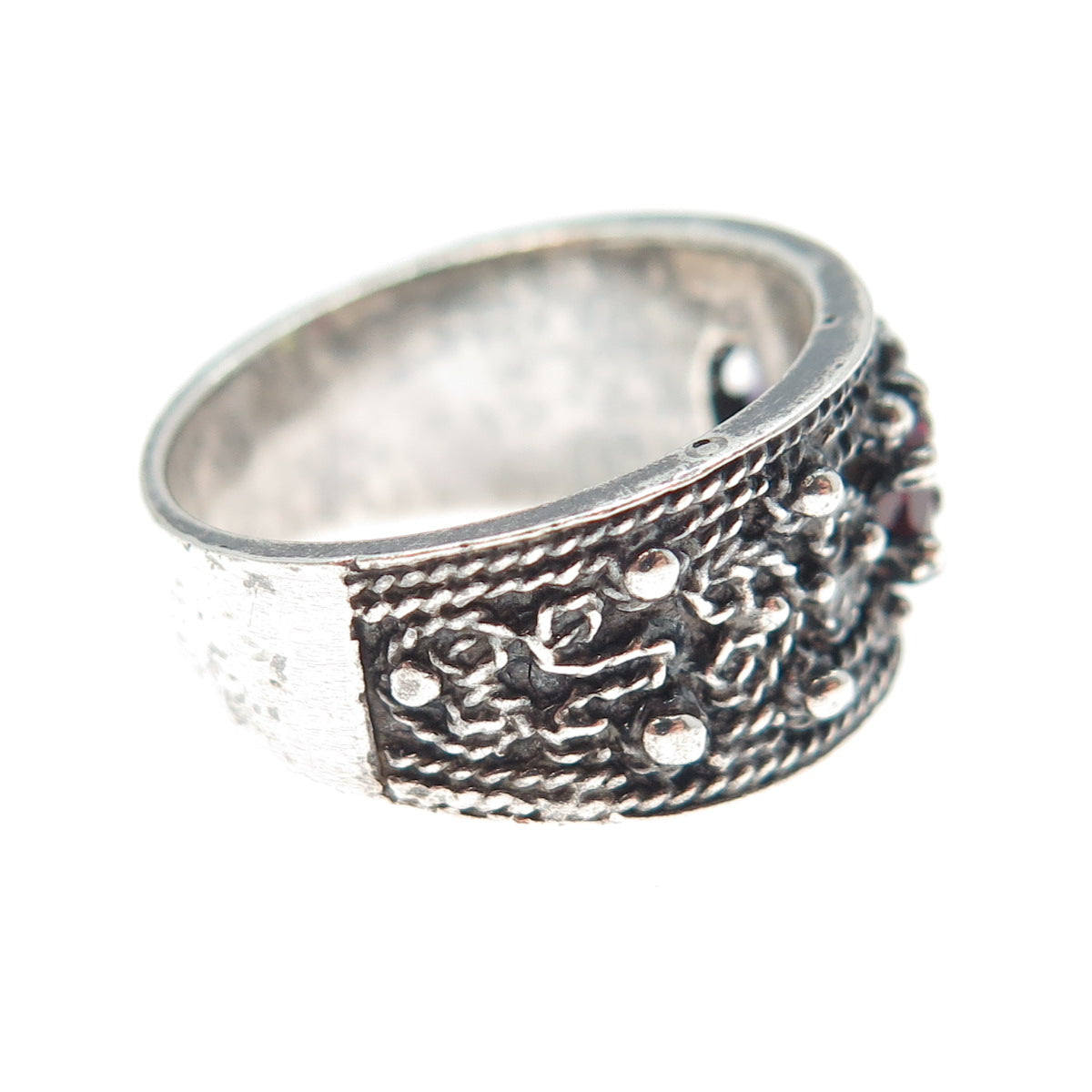 925 Sterling Silver Vintage Real Garnet Peridot Amethyst Oxidized Ring Size 6.5