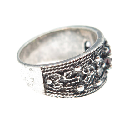 925 Sterling Silver Vintage Real Garnet Peridot Amethyst Oxidized Ring Size 6.5