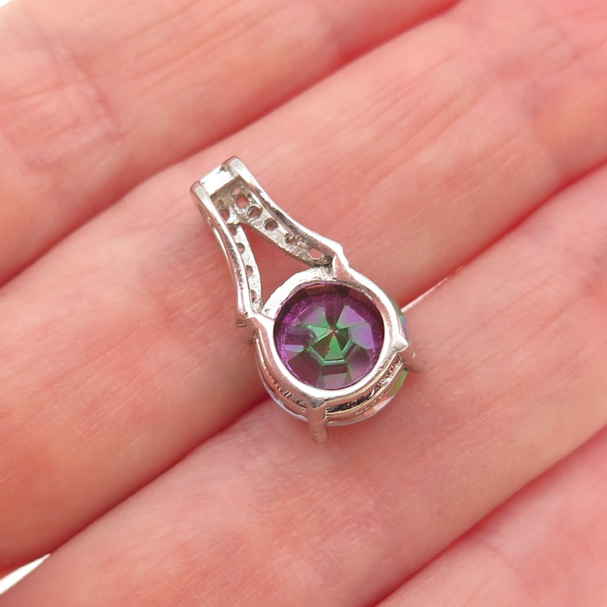 925 Sterling Silver Real Round-Cut Mystic Quartz & C Z Mini Slide Charm Pendant