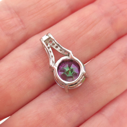 925 Sterling Silver Real Round-Cut Mystic Quartz & C Z Mini Slide Charm Pendant