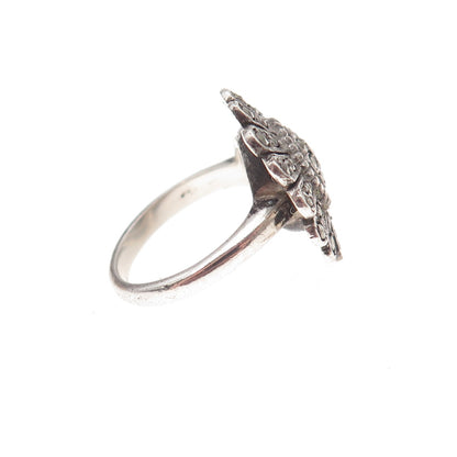 925 Sterling Silver Antique Art Deco Real Marcasite Floral Ring Size 3.25