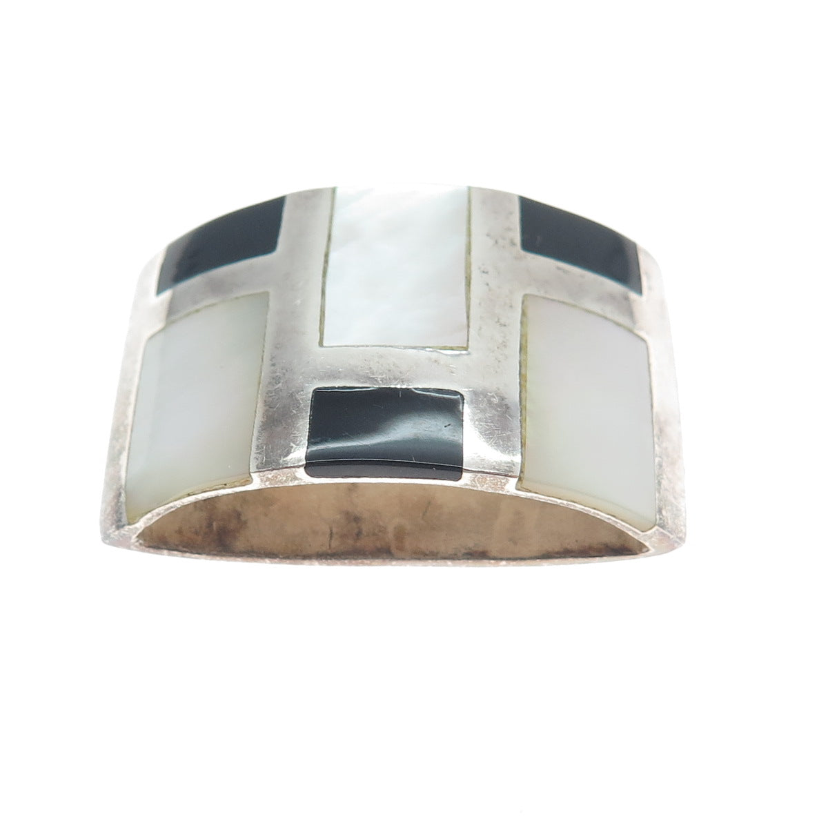 925 Sterling Silver Vintage Real MOP & Black Onyx Modernist Slide Pendant