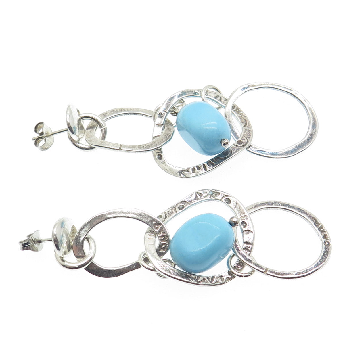 925 Sterling Silver Vintage Real Turquoise Modernist Drop Circle Dangle Earrings