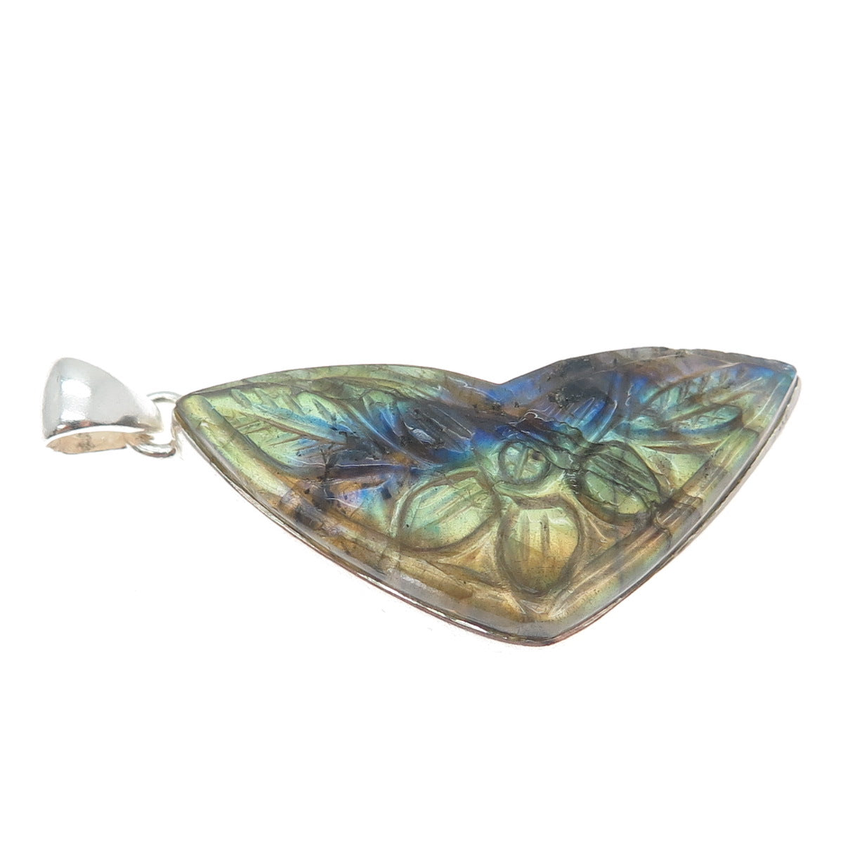 925 Sterling Silver Vintage Real Labradorite Carved Flower Charm Pendant