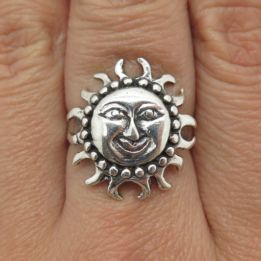 925 Sterling Silver Vintage Sun Face Oxidized Ring Size 7