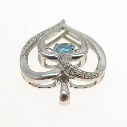 REGINA LANE 925 Sterling Silver Real Round-Cut Diamond Blue Topaz Heart Pendant