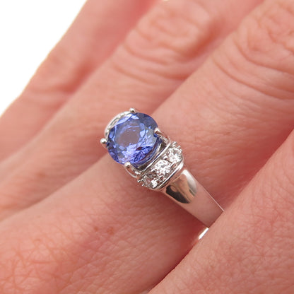925 Sterling Silver Real Round-Cut Tanzanite & White Topaz Ring Size 8
