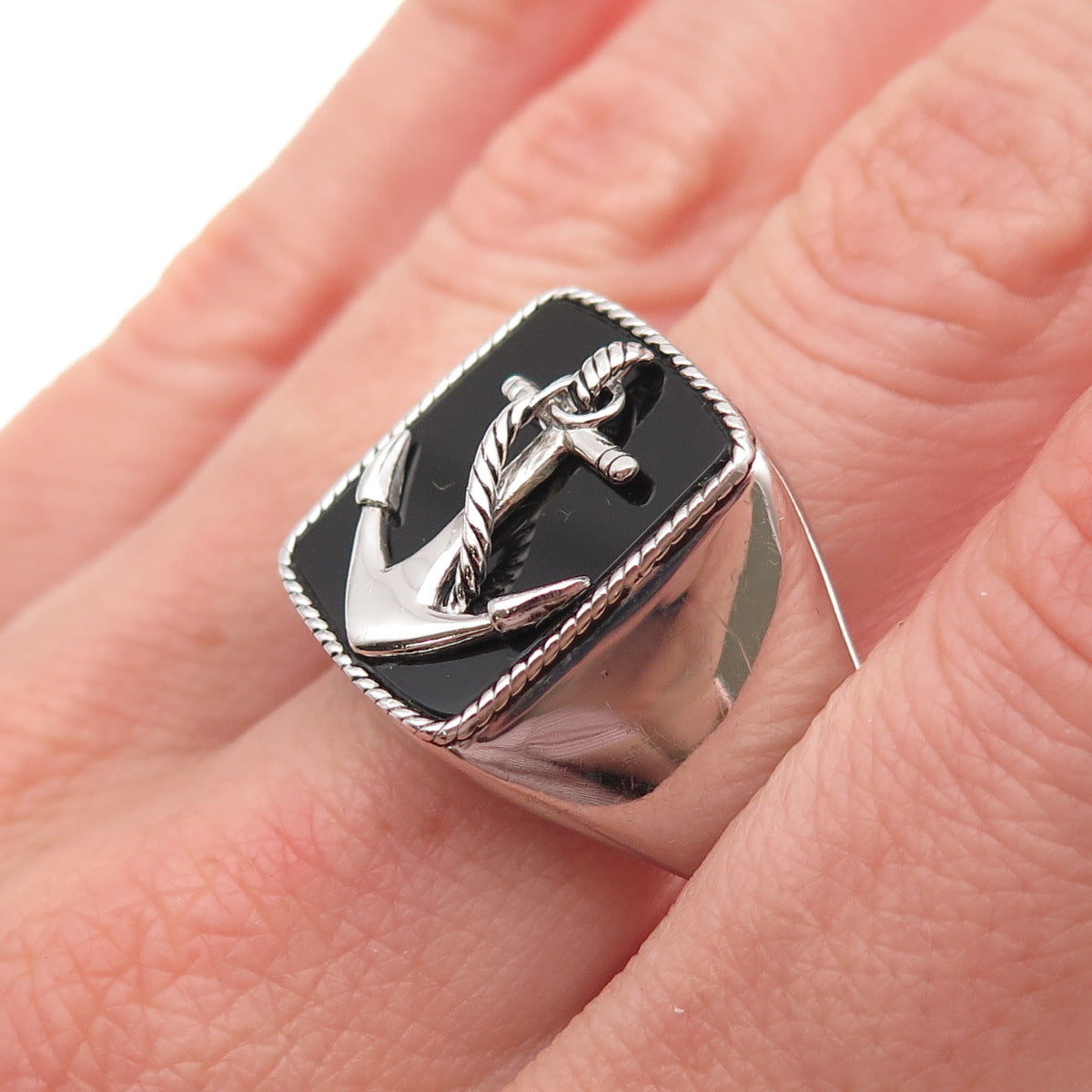 Effy 925 Sterling Silver Real Black Onyx Anchor Ring Size 10.25