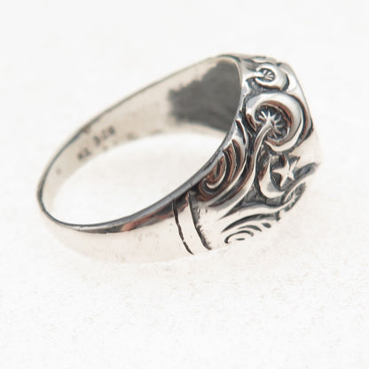 925 Sterling Silver Vintage Crescent Moon & Star Oxidized Dome Ring Size 11