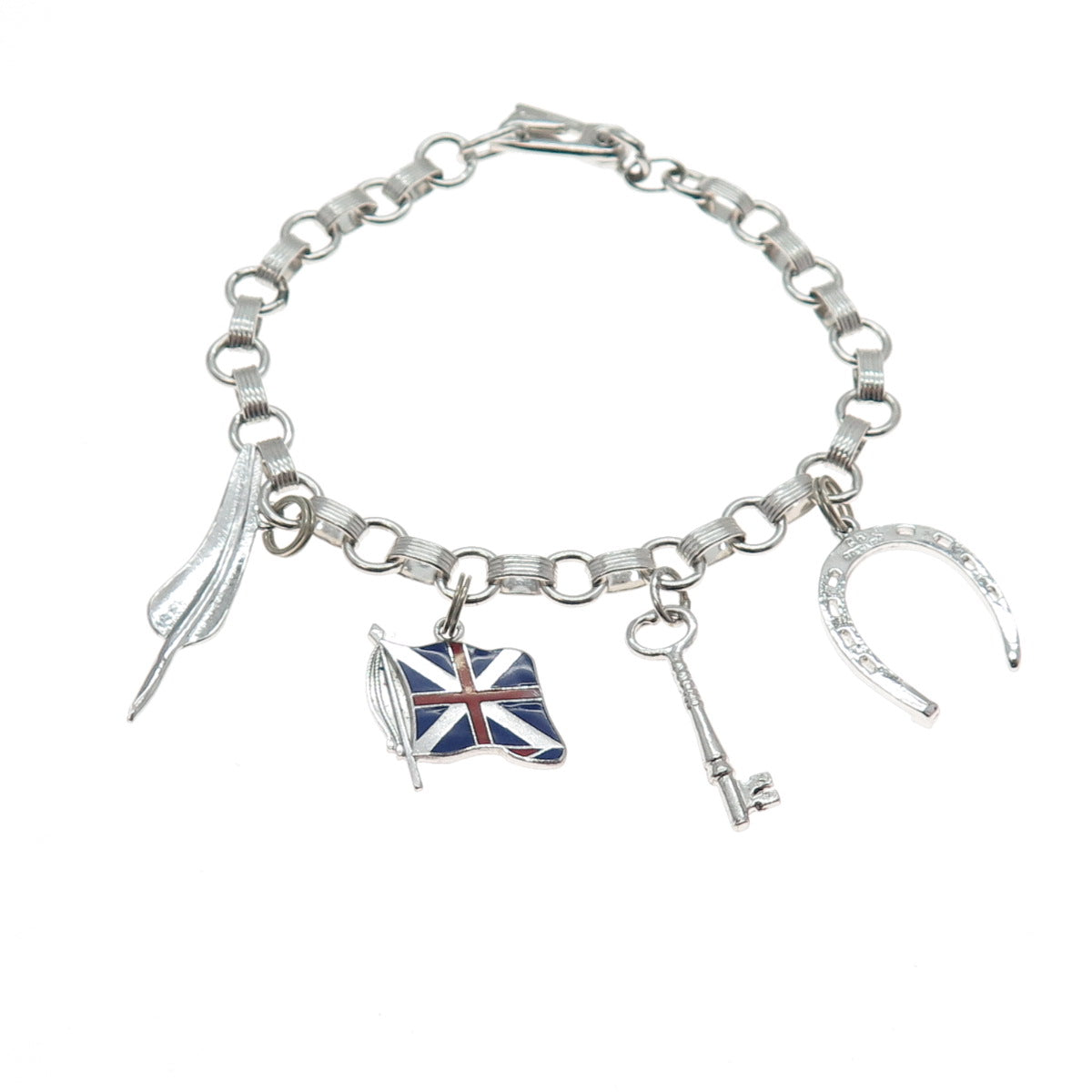 925 Sterling Antique Enamel Union Flag Feather Horseshoe Key Charm Bracelet 6.5"