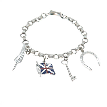 925 Sterling Antique Enamel Union Flag Feather Horseshoe Key Charm Bracelet 6.5"
