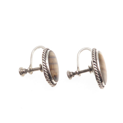 925 Sterling Silver Vintage Real Agate Oxidized Screw Back Earrings