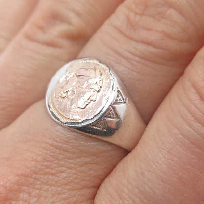 18K Gold 925 Sterling Silver Vintage Indian Chief Signet Ring Size 8