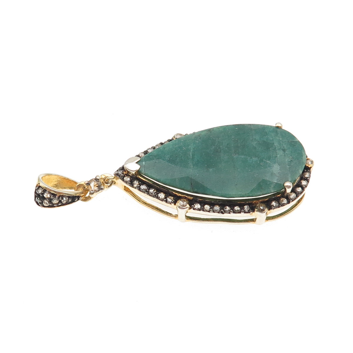 925 Sterling Silver Gold Plated Real Diamond & Emerald Teardrop Pendant