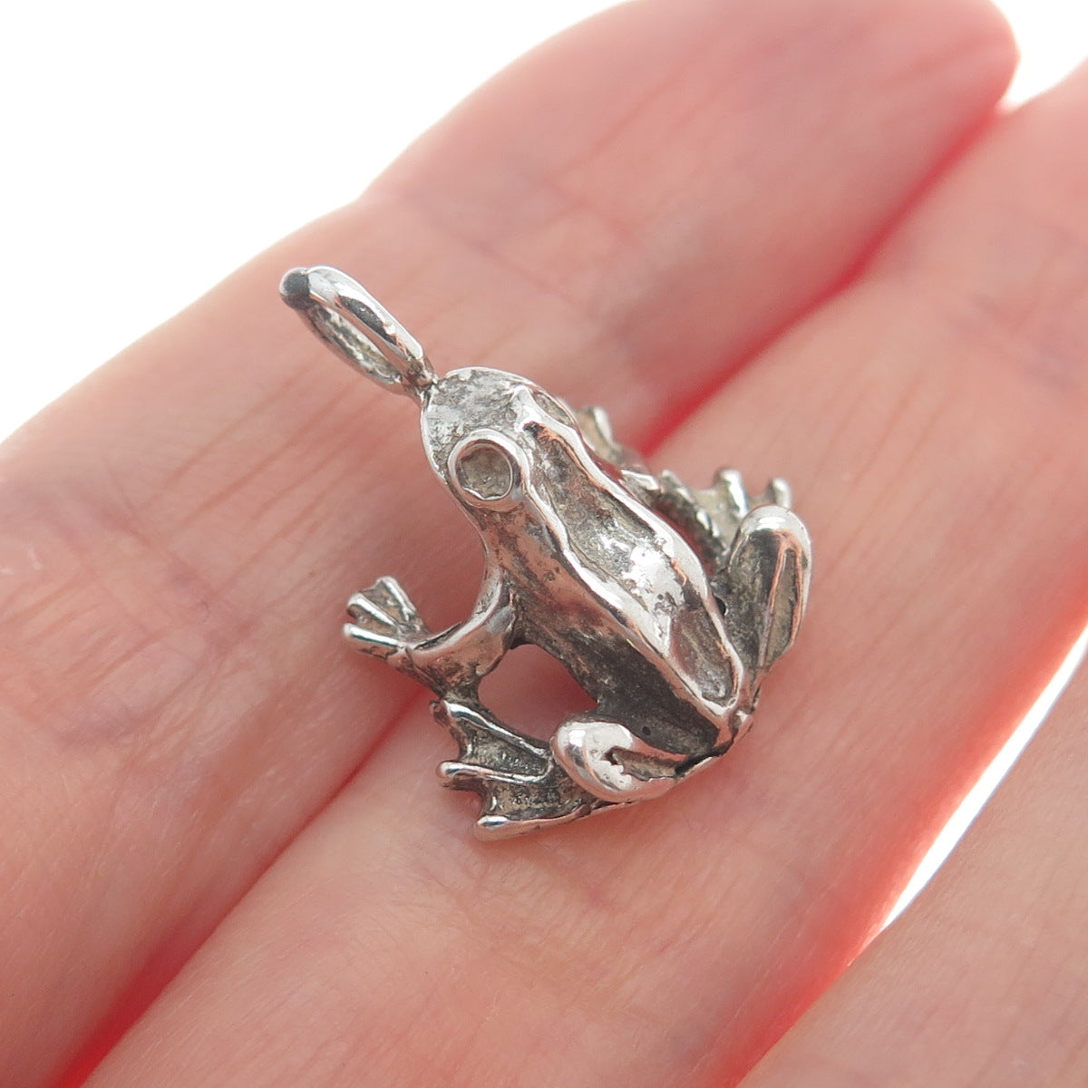 925 Sterling Silver Vintage Frog Good Luck Oxidized Minimalist 3D Charm Pendant