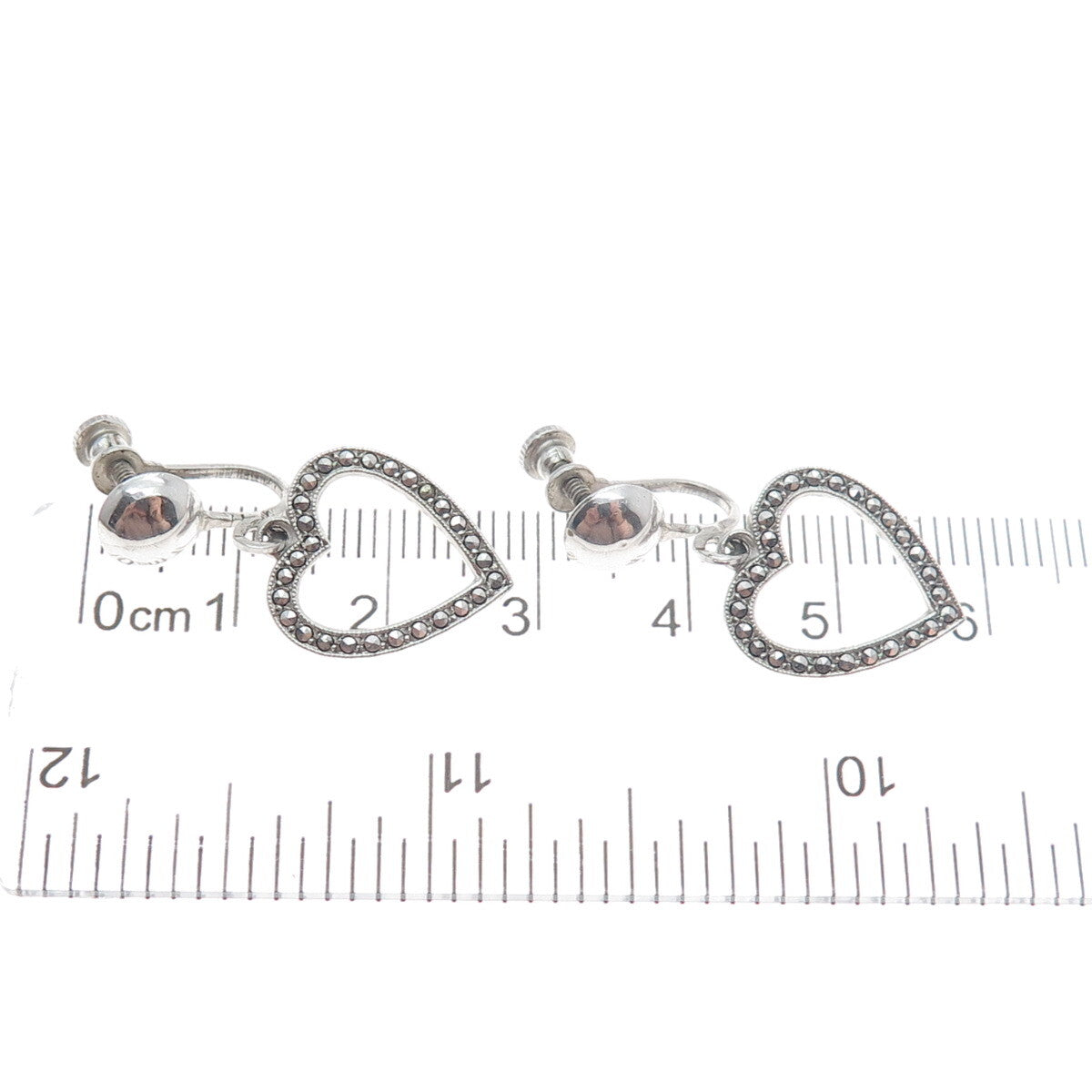925 Sterling Silver Antique Art Deco Real Marcasite Heart Screw Back Earrings