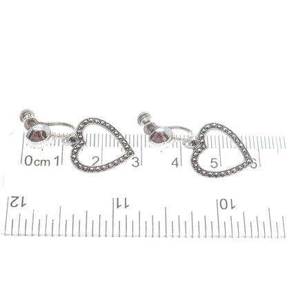 925 Sterling Silver Antique Art Deco Real Marcasite Heart Screw Back Earrings