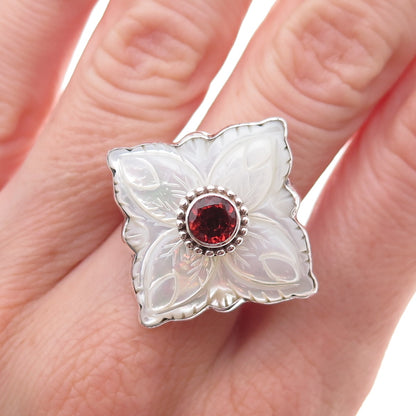 Sajen 925 Sterling Silver Vintage Real Red Garnet & MOP Adjustable Ring Size 9