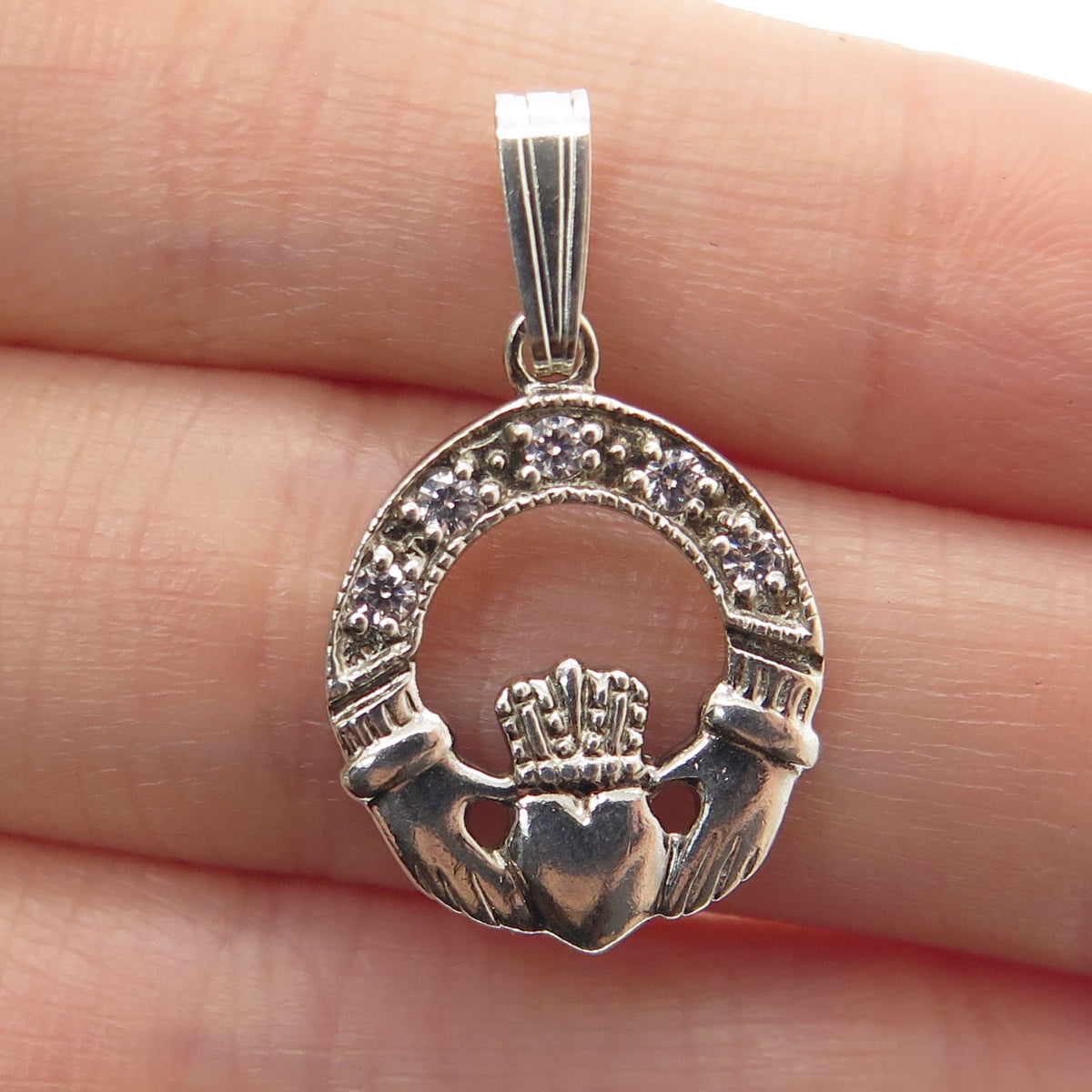 925 Sterling Silver Vintage Round-Cut Shaped C Z Irish Claddagh Pendant