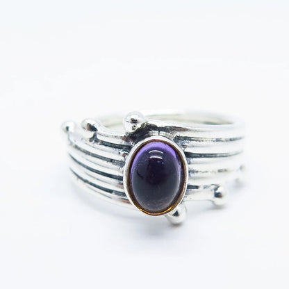 925 Sterling Silver Vintage Real Amethyst Gemstone Striped Ring Size 8