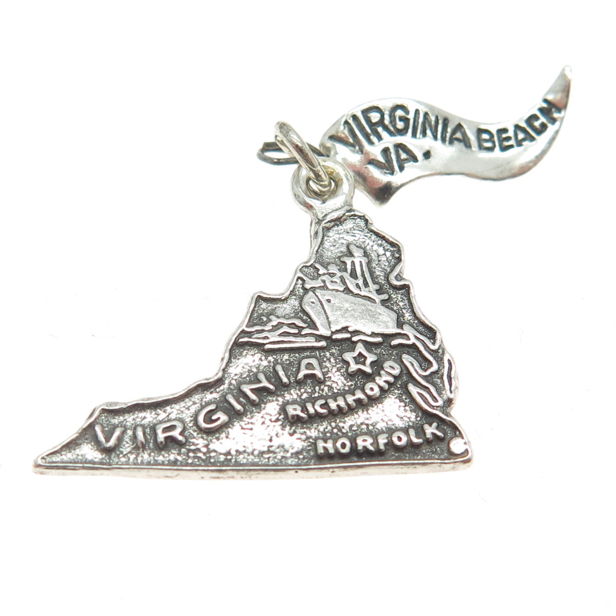 PACIFIC JEWELRY Sterling Silver Vintage Virginia Beach VA Map Charm Pendant