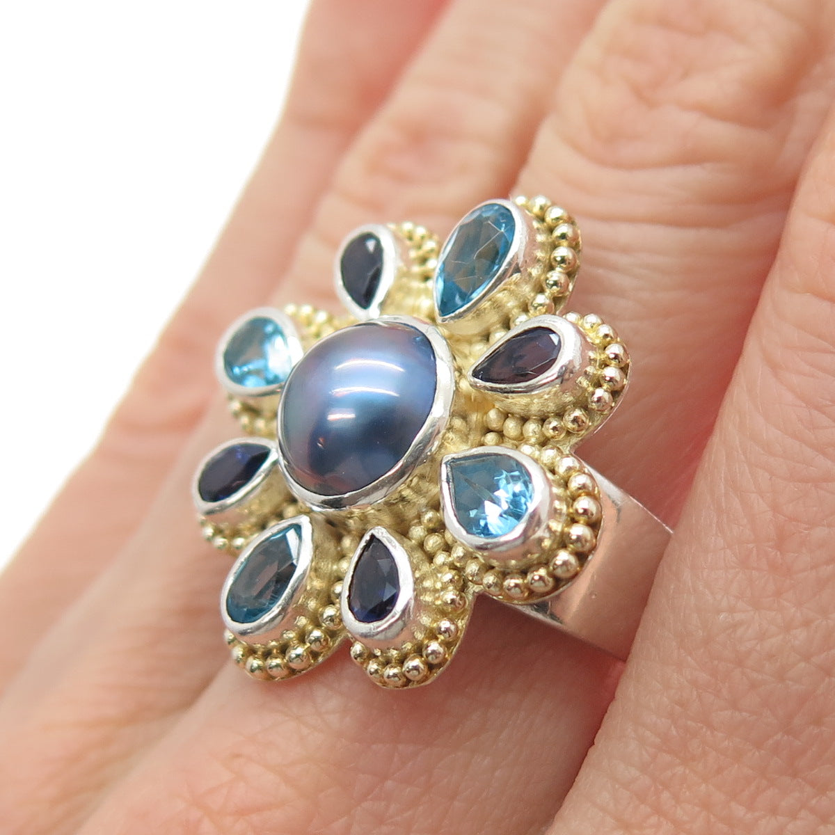 925 Sterling Vintage Real Pearl Topaz & Tanzanite Flower Adjustable Ring Size 7