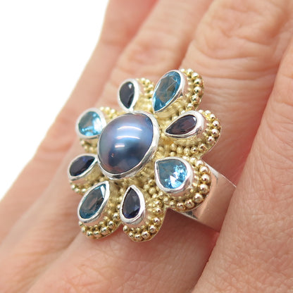 925 Sterling Vintage Real Pearl Topaz & Tanzanite Flower Adjustable Ring Size 7