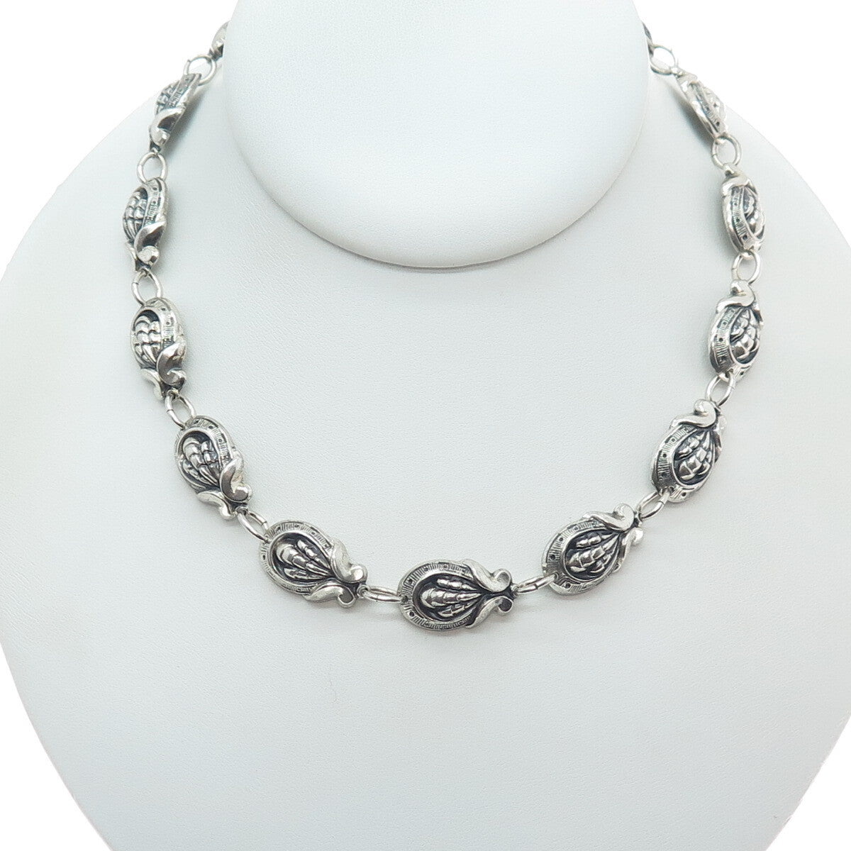 JEWELART 925 Sterling Silver Antique Art Deco Shell Oxidized Chain Necklace