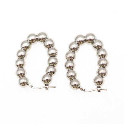 925 Sterling Silver Italy Ball Beaded Oval Hoop Earrings