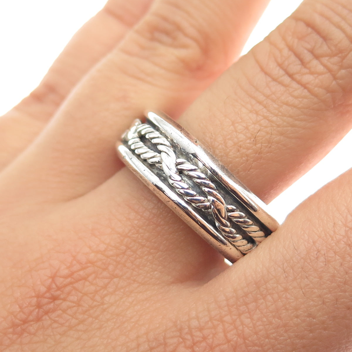 925 Sterling Silver Vintage Mexico Twisted Rope Oxidized Band Ring Size 14