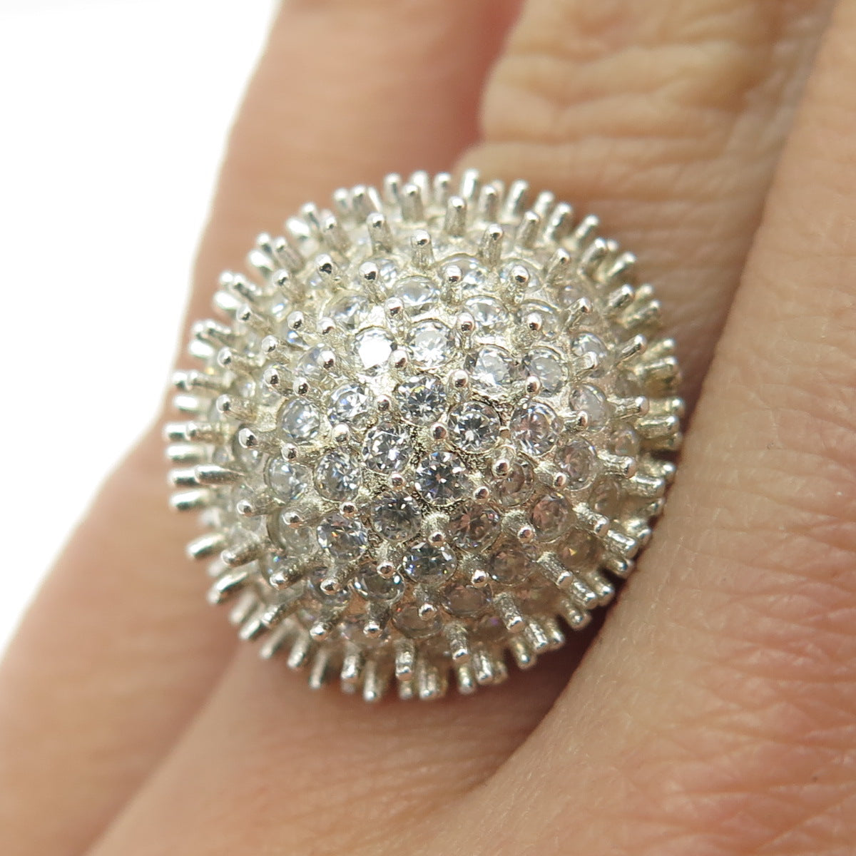 925 Sterling Silver Pave C Z Domed Ring Size 7.25