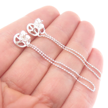 925 Sterling Silver Peace Symbol Ball Beaded Chain Dangle Earrings