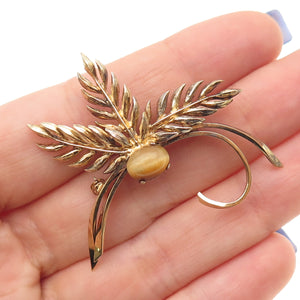 WELLS 925 Sterling Silver Gold Plated Vintage Real Tiger Eye Floral Pin Brooch