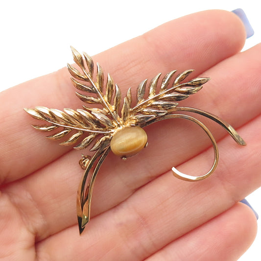WELLS 925 Sterling Silver Gold Plated Vintage Real Tiger Eye Floral Pin Brooch