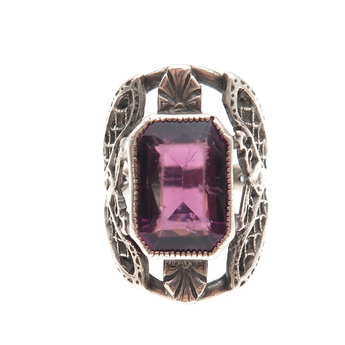 925 Sterling Silver Antique Art Deco Real Emerald-Cut Amethyst Ring Size 2