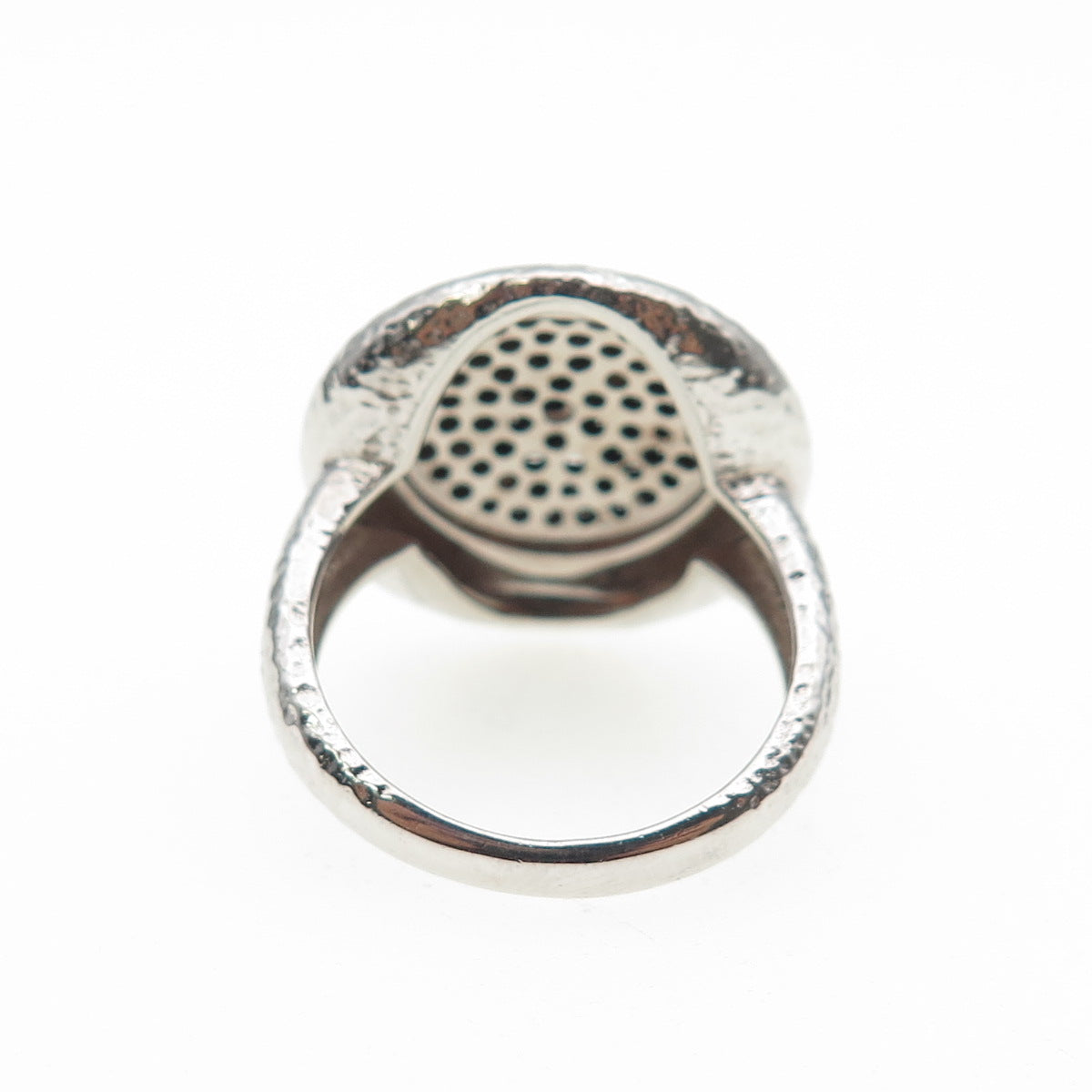 925 Sterling Silver 2-Tone Real Round-Cut Black Spinel Hammered Ring Size 7.25